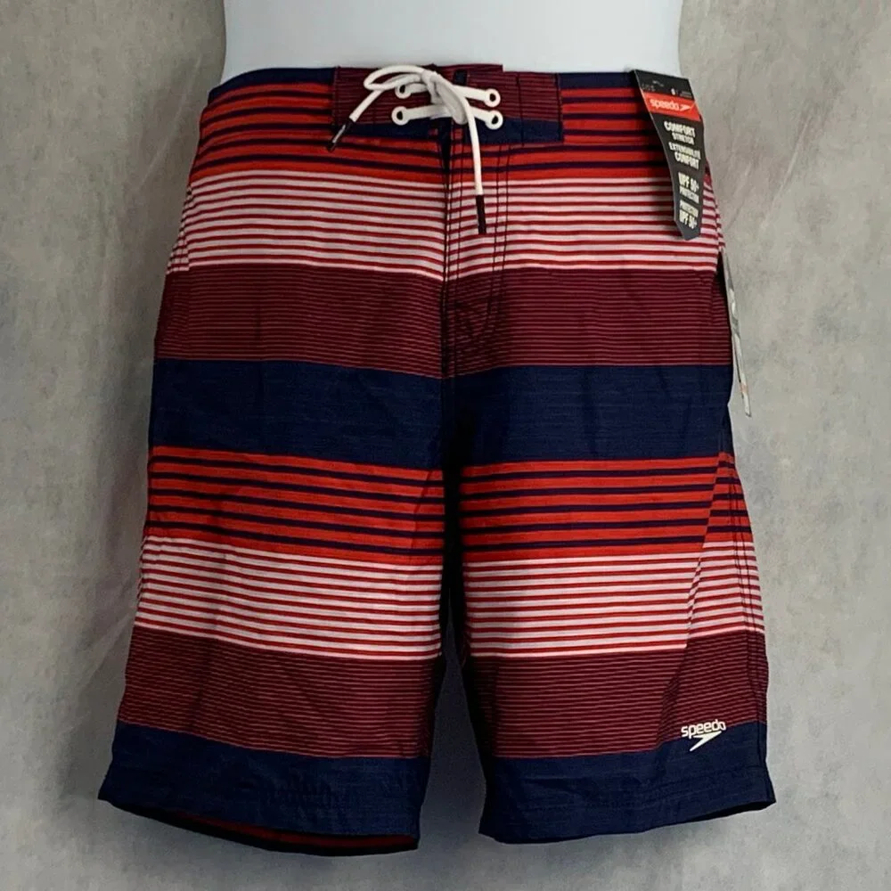Speedo Men's Border Line Performance 9'' Board Shorts, Red White Blue, Small
